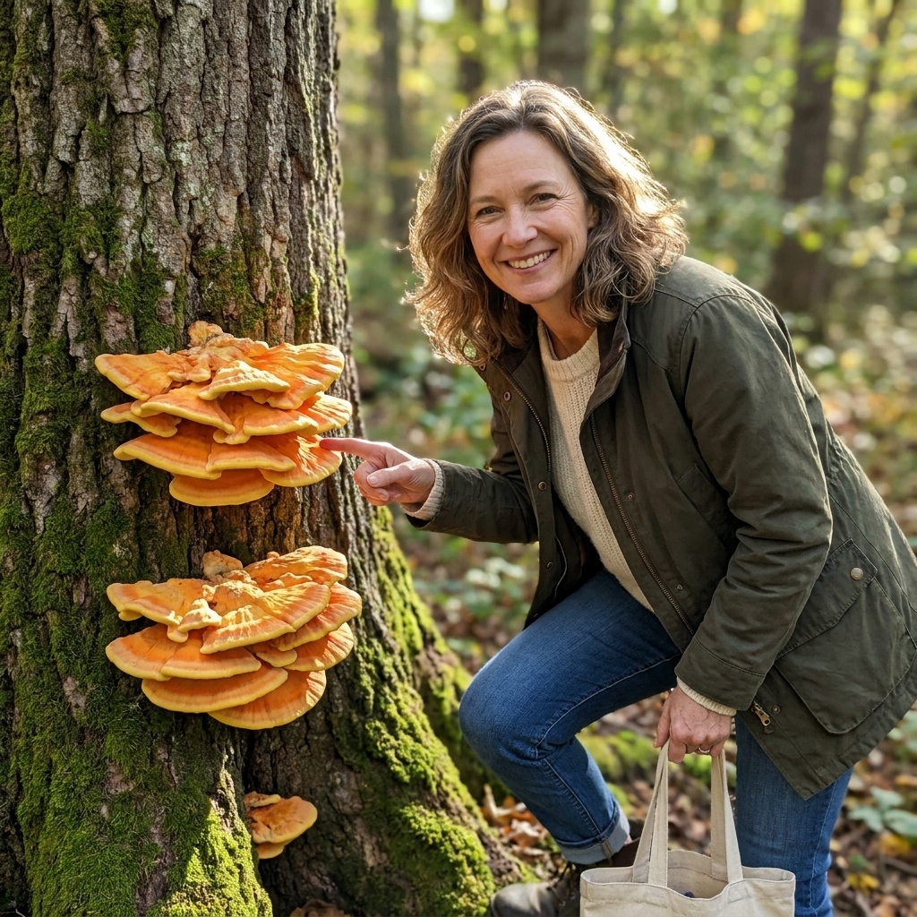 Bright orange and yellow chicken of the woods mushroom shelves growing on the side of a tree trunk