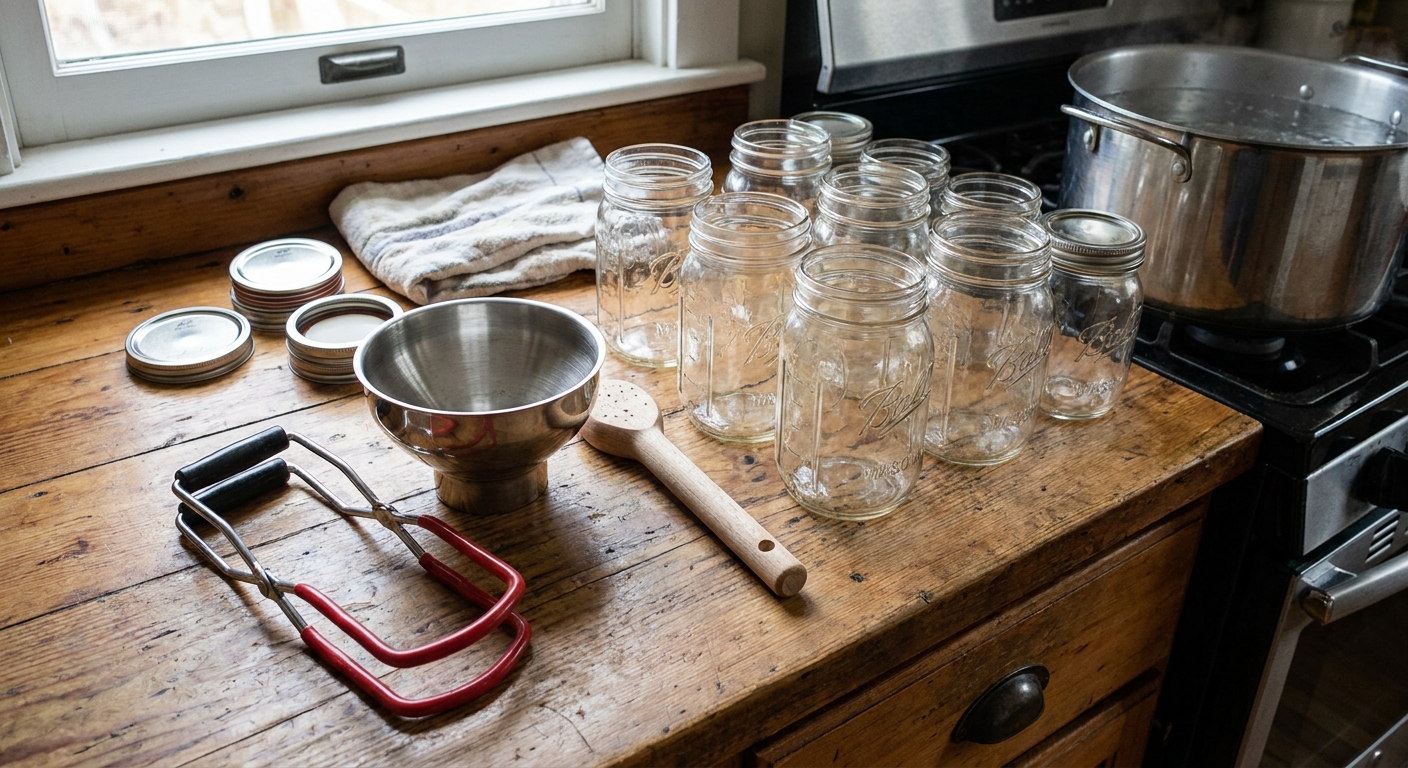 Canning tools including a jar lifter, wide-mouth funnel, and bubble remover laid out on a counter next to empty mason jars.