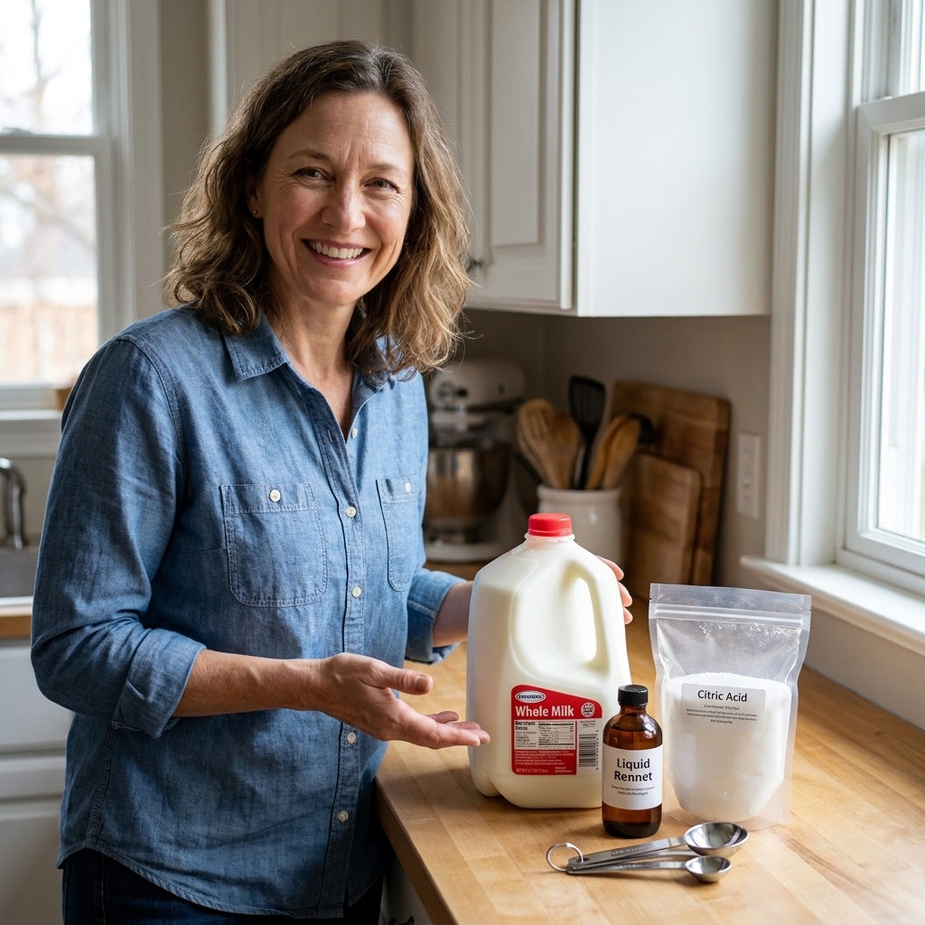 Citric acid, liquid rennet, a gallon of milk, and measuring spoons arranged on a kitchen counter