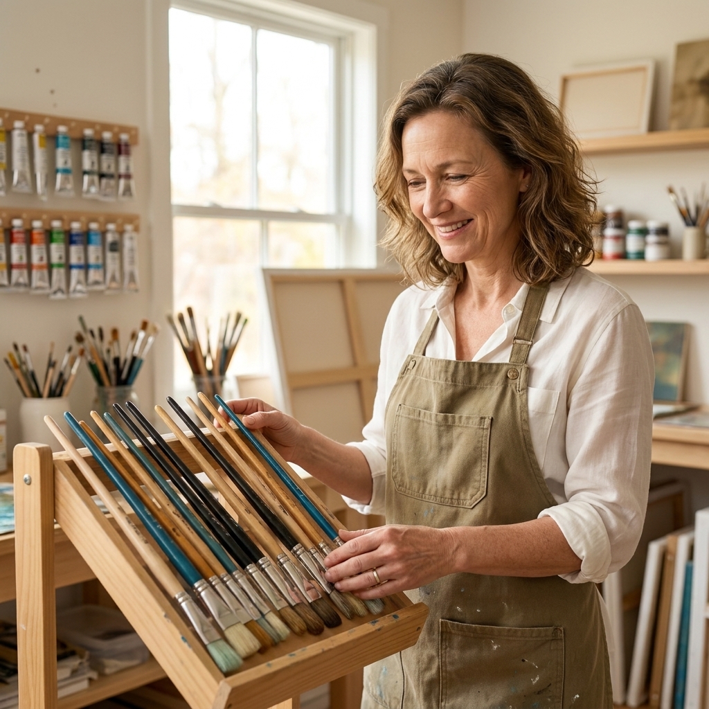 Clean paintbrushes resting on a drying rack with bristles angled downward in a bright, tidy art studio
