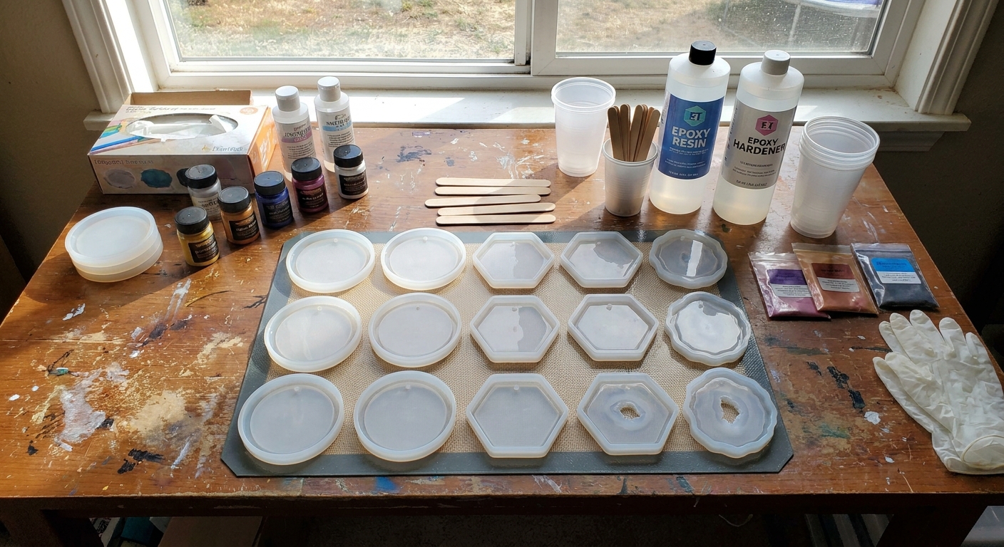 Clean silicone coaster molds on a craft table, ready for resin to be poured