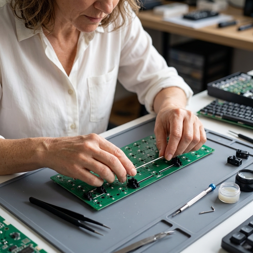 Close-up of a mechanical keyboard PCB on a work mat with stabilizers being positioned near the spacebar area