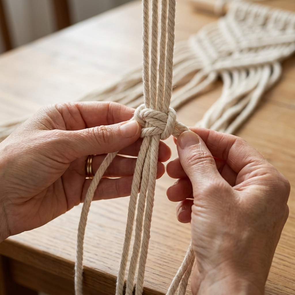 Close-up of hands tying a square knot with four cotton macrame strands, showing the two center core strands and two outer working strands