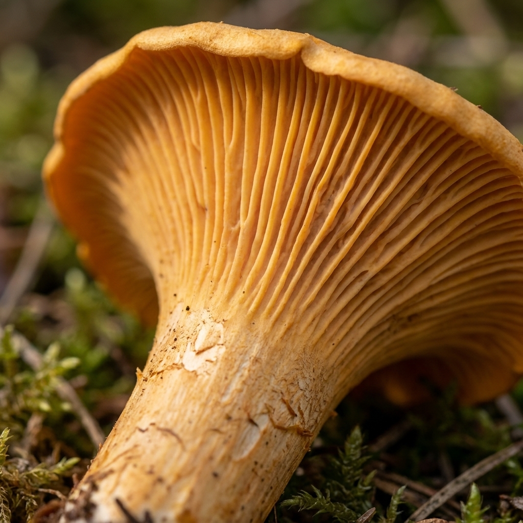 Close-up photo of the underside of a chanterelle mushroom showing blunt forked ridges running down the stem