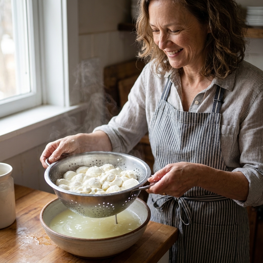 Fresh mozzarella curds draining in a colander over a bowl with warm whey collecting underneath