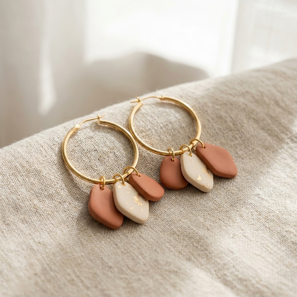 Gold hoop earrings with small polymer clay charm drops in terracotta and cream placed on a linen cloth with soft natural light