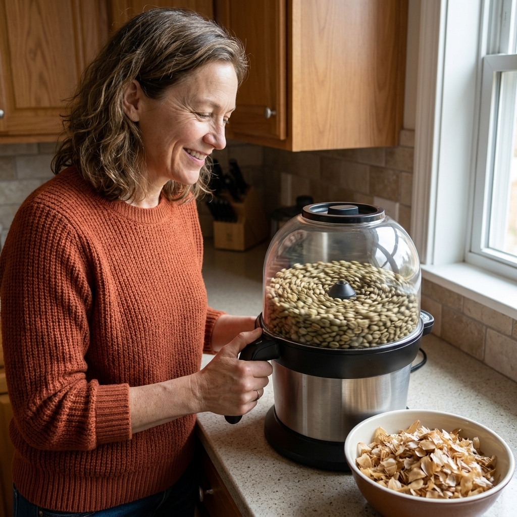 Green coffee beans swirling inside a hot air popcorn popper during roasting, with papery chaff collecting nearby