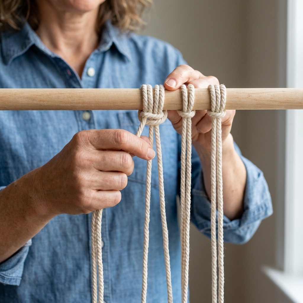 Hands attaching a folded cotton cord to a wooden dowel using a lark's head knot, with several cords already mounted