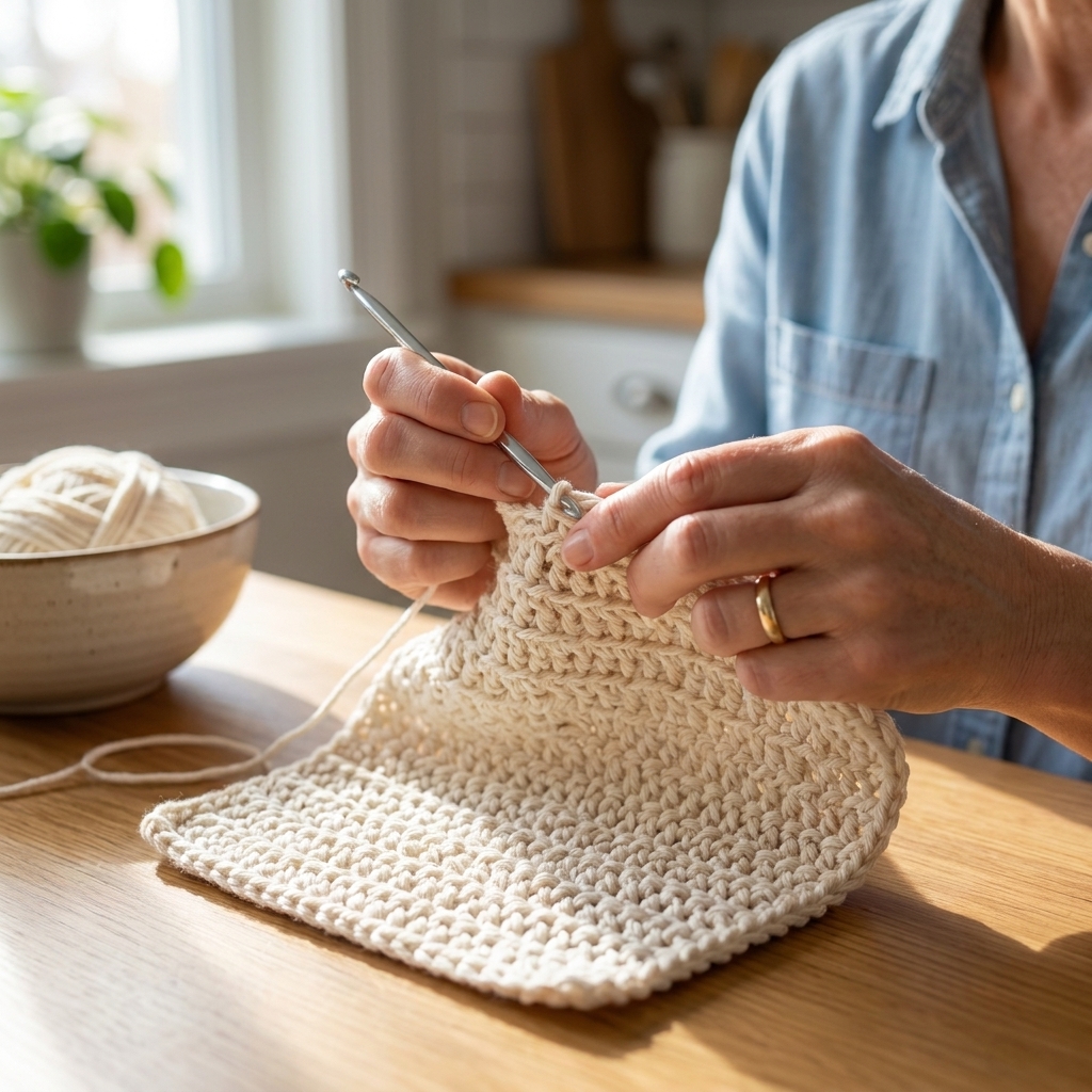 Hands crocheting a textured cotton dishcloth with a metal crochet hook on a bright kitchen table.