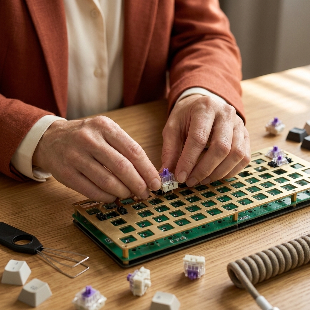 Hands installing a mechanical keyboard switch into a hot-swappable PCB through a metal plate on a desk