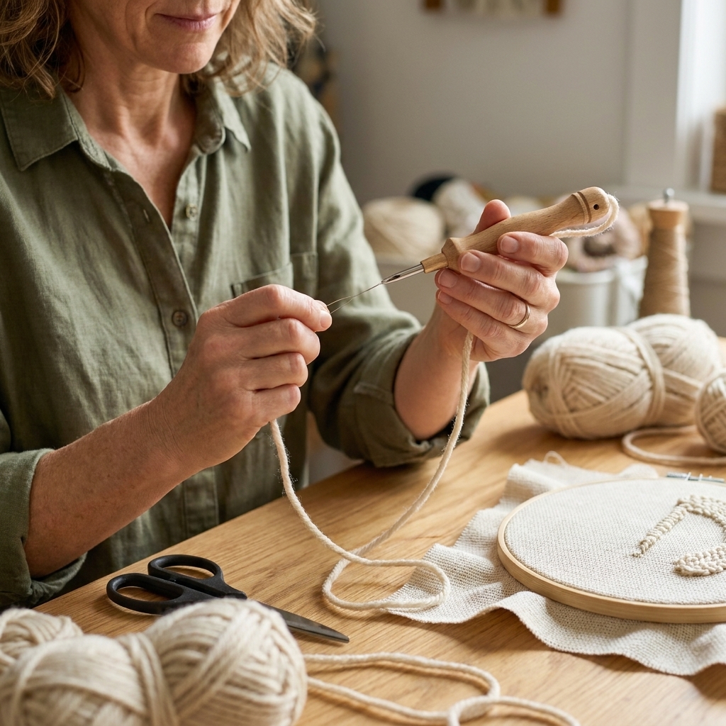 Hands threading an adjustable punch needle tool with a wire threader, pulling medium-weight yarn through the hollow needle over a wooden craft table