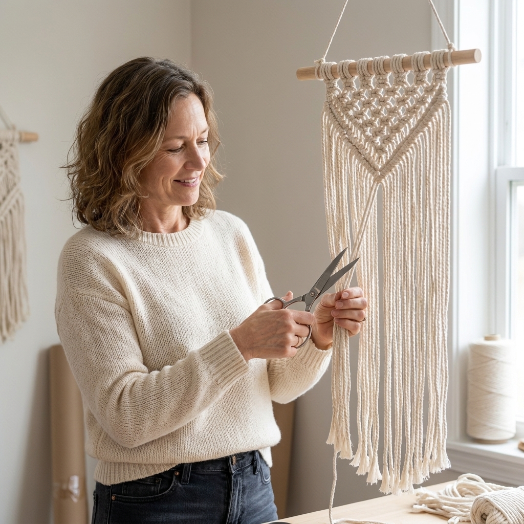 Hands trimming the bottom fringe of a macrame wall hanging with scissors while the piece hangs from a wooden dowel