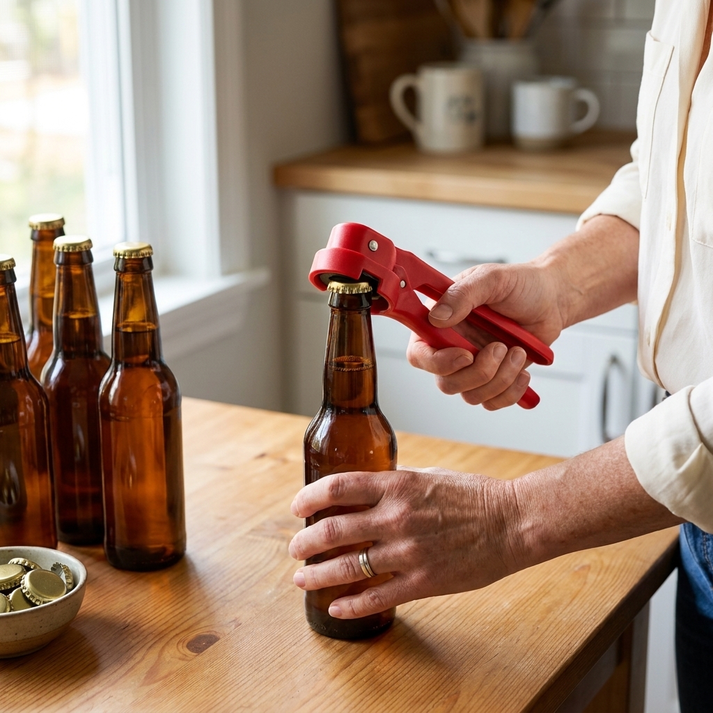 Hands using a handheld capper to crimp a metal cap onto a brown glass beer bottle on a kitchen table
