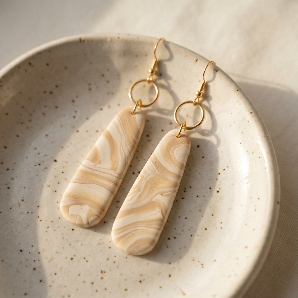 Long marbled polymer clay dangle earrings in cream and tan with gold-tone jump rings displayed on a ceramic dish