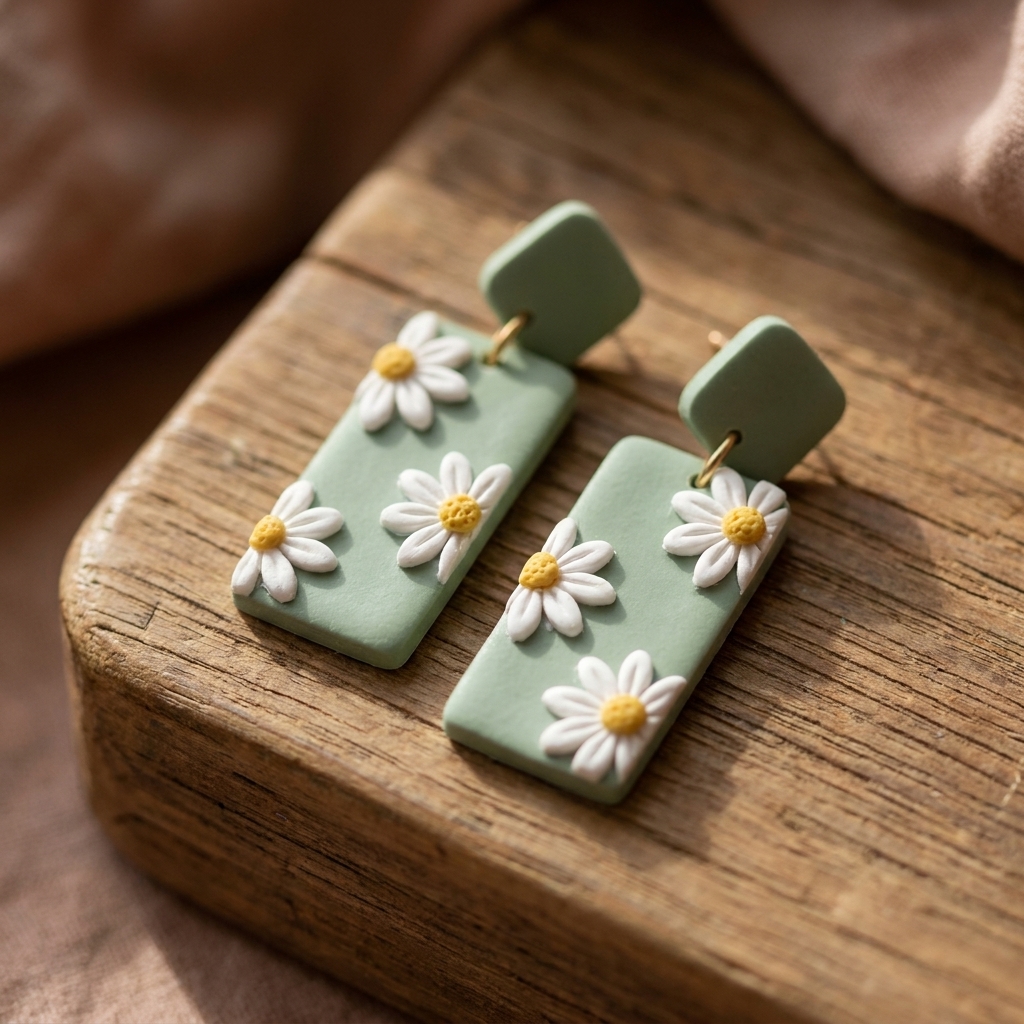 Polymer clay earrings with small white daisy details on a soft green background, photographed on a wooden surface
