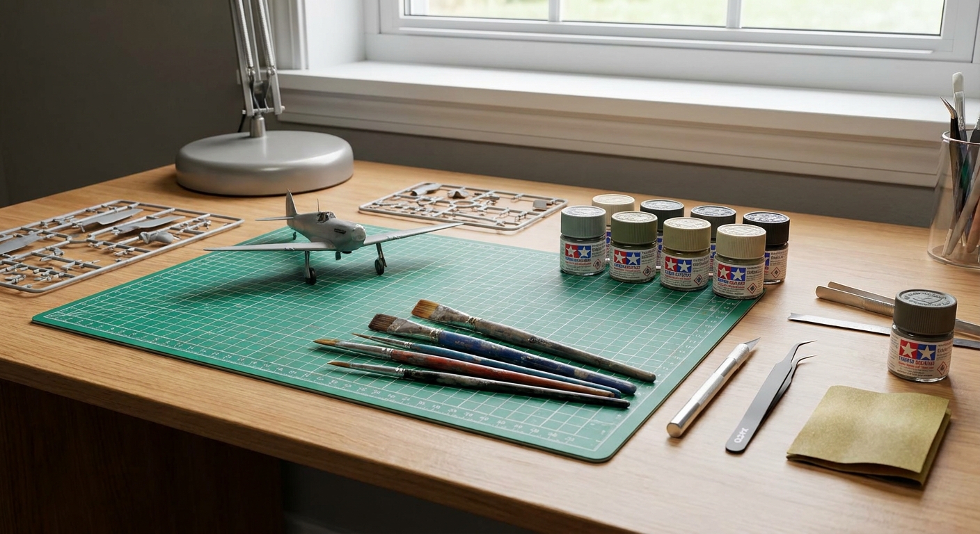 Several hobby paint brushes resting on a cutting mat beside a partially assembled model kit and small jars of acrylic paint on a tidy workbench