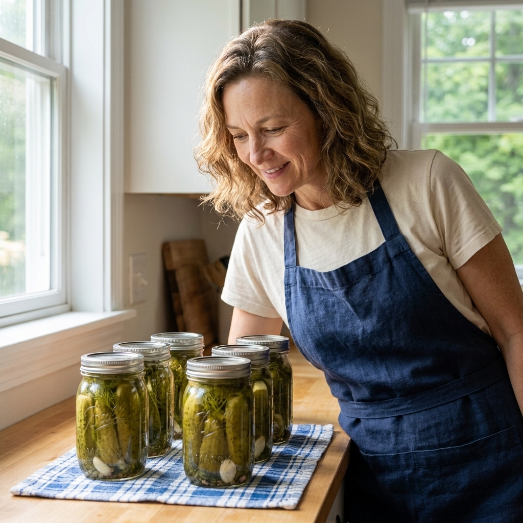 Several sealed Mason jars of homemade pickles cooling on a towel on a kitchen counter, natural window light