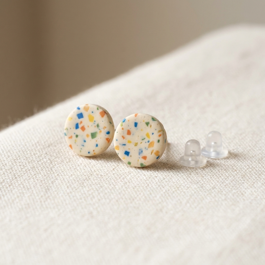 Small round terrazzo-style polymer clay stud earrings with colorful speckles on a neutral background next to a pair of silicone earring backs