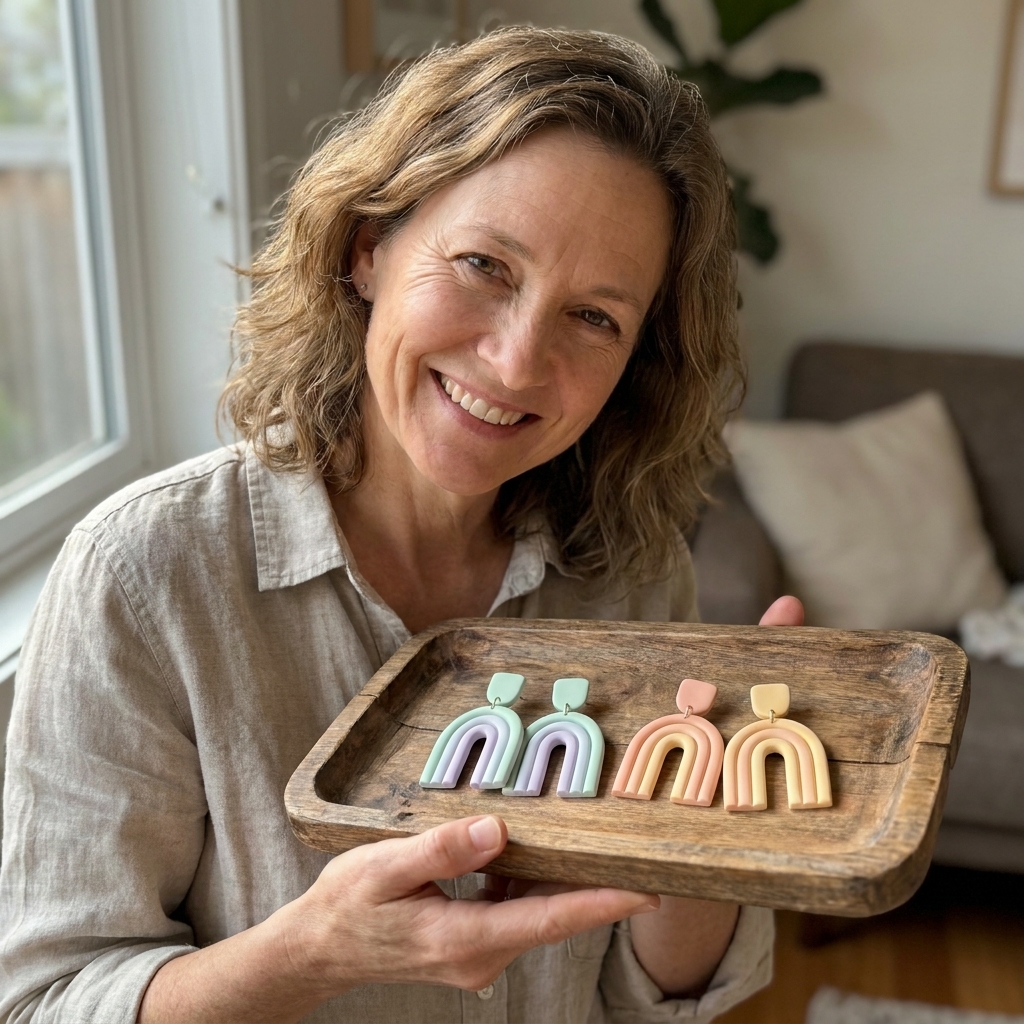 Two pairs of pastel polymer clay arch earrings with smooth matte surfaces arranged on a wooden tray in natural window light